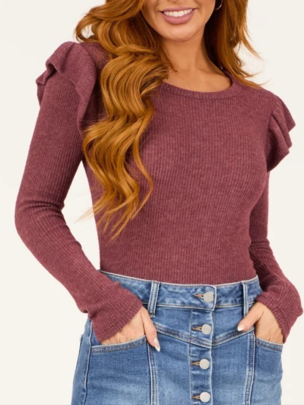 Gilli Berry bodysuit Ribbed Knit Fabric Ruffle shoulder NWT Medium